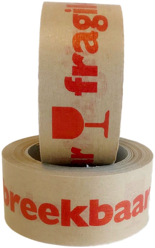 St hemel Occlusie Papier tape 50mm x 66m bruin met opdruk in rood: fragile + breekbaar +  glaasje