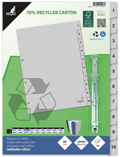 Tabbladen Kangaro ECO A4 4-gaats 1-10 karton grijs K410C