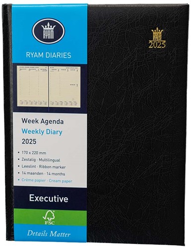 Agenda 2025 Ryam Executive 7 dagen per 2 pagina's 17x22cm omslag zwart creme papier 900108