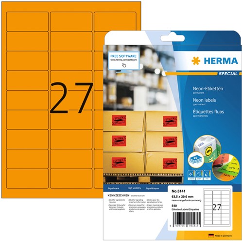 Etiket Herma 5141 A4 63,5x29,6mm neon oranje 20 vel 540 stuks