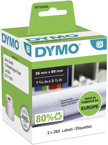 Etiket Dymo 99012 36x89mm wit 2x 260 stuks