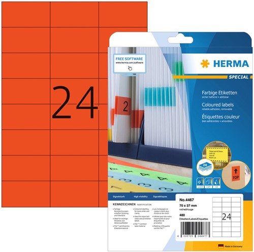 Etiket Herma 4467 A4 70x37mm verwijderbaar rood 20 vel 480 stuks