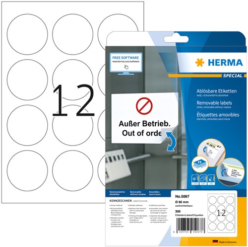 Etiket Herma 5067 A4 Ø60mm premium wit 25 vel 300 stuks