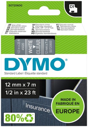 Labeltape Dymo 45020 D1 720600 12mmx7m wit op transparant