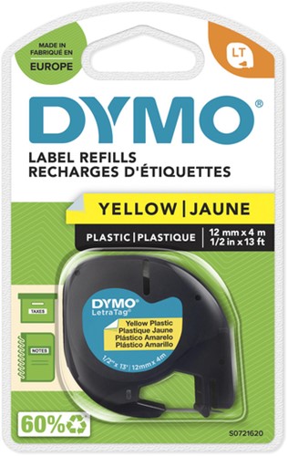 Labeltape Dymo Letratag 91202 plastic 12mm zwart op geel